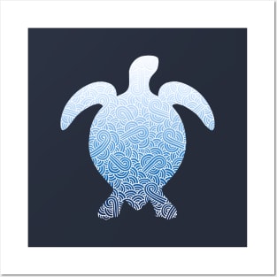 Ombre blue and white swirls doodles sea turtle Posters and Art